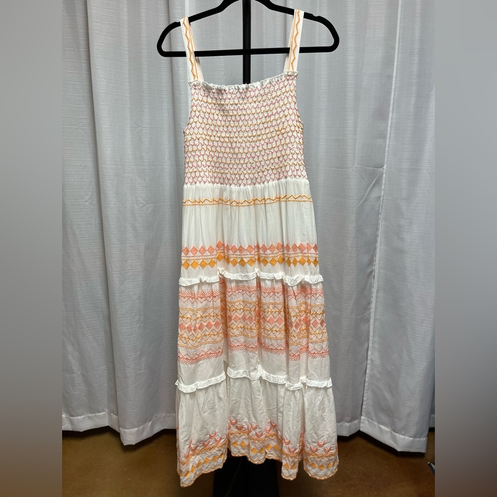 Sunday Up white smocked maxi dress with pink and orange embroidery | large
